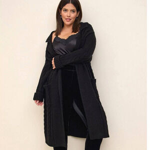 Torrid 2 (2X 18/20) Black Long Cable Knit Chunky Collared Coatigan‎ Sweater New